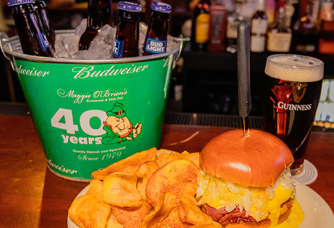 Maggie Obriens Beer Bucket, Burger, chips, Guinness drink